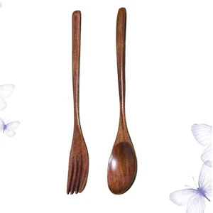 2 Pcs Wooden Spoon and Fork Set Dining Utensils Cooking Tableware Flatware - Picture 1 of 12