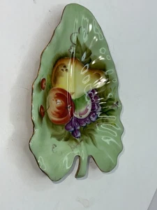 Vintage Lefton China NE1860 Hand Painted Gilded Leaf Dish With Fruit Motif JAPAN - Picture 1 of 5