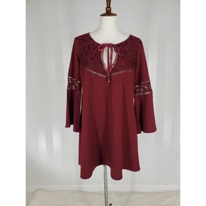 SHEIN Women's Burgundy Bell Sleeve Shift Dress w/ Lace Accents Sz S - Picture 1 of 11