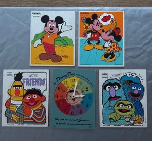 5 Vintage Playskool DISNEY  & Sesame Street & Clock Wood Puzzle Lot – - Picture 1 of 7