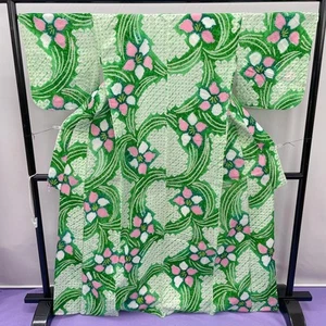 Vintage Japanese Yukata Green Pink Shibori Cotton Summer Kimono Women - Picture 1 of 9