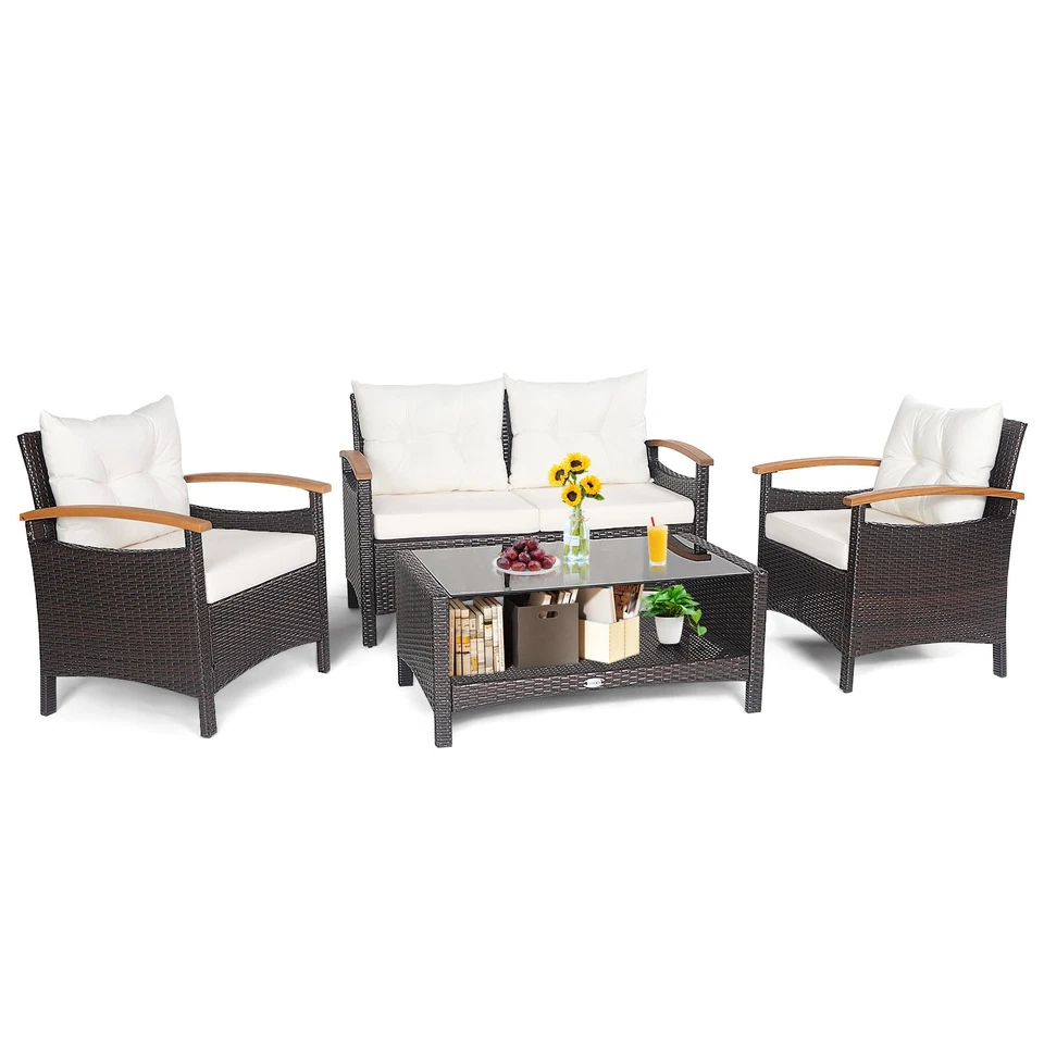 Costway 4PCS Patio Rattan Furniture Set Cushioned Sofa Storage Table Off White