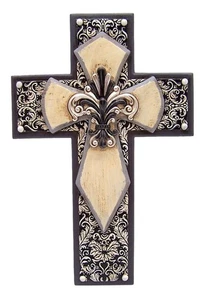 Black and White Hanging Wall Cross, Silver Tone Fleur De Lis Floral Design, C... - Picture 1 of 5