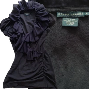 RALPH LAUREN Top Body Cotton Silk Size M Navy Blue Frills Women’s - Picture 1 of 13
