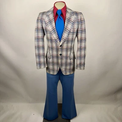 De Colección Años 60 70 Traje de Ocio Para Hombres 42 Chaqueta Abrigo 30 30 Pantalones Campana Parte Inferior Disco Rosa Foto 1 de 4