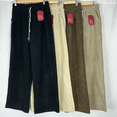 Womens Elastic Waist Fine Corduroy Wide Leg Soft Velour Jogger Trousers Pants UK - Image 1 of 2