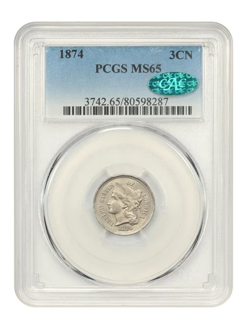 1874 3cN PCGS/CAC MS65 Cover
