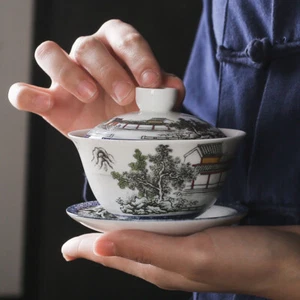 Jingdezhen Under Glaze Porcelain Gaiwan Handpainted Tureen Cup Saucer Bowl Lid - Bild 1 von 9