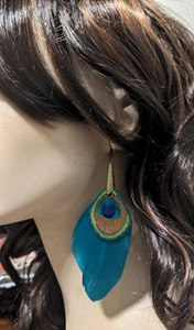 Pendientes colgantes boho colgantes de plumas naturales de pavo real verde azulado B1 - Imagen 1 de 3