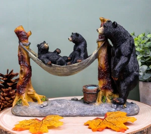 Mother Black Bear With Cubs In Outpost Camping Hammock Statue Wildlife Forest - Picture 1 of 7