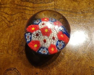ANTIQUE MINIATURE MILLEFIORI PAPERWEIGHT- 1 1/2" WIDE X 1" HIGH-RED, WHITE, BLUE - Picture 1 of 3
