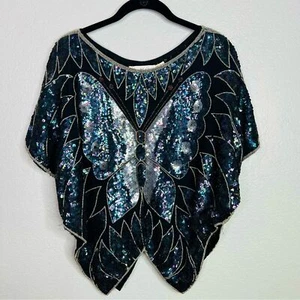 Vintage 70’s 80’s sequin beaded silk butterfly top. Ann Katrine sz M - Picture 1 of 6