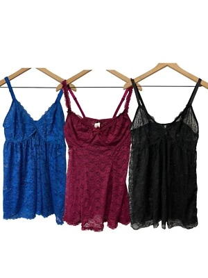 Set Of 3 Torrid Lingerie Size 1 Babydoll Black Wine Blue Sheer Lace Teddy Cami - Image 1 of 4