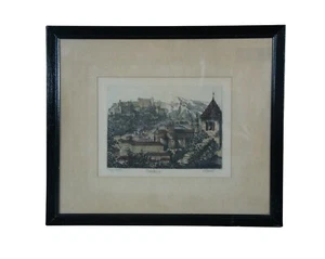 Vintage Hans Leisch Austrian Salzburg Colored Cityscape Etching on Silk 20" - Picture 1 of 12