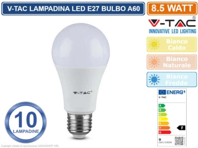 10 LAMPADINE LED V-TAC VT-2099 E27 8.5W BULB A60 806 LM 217260 / 217261 / 217262 - Immagine 1 di 4
