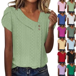 Womens Petal Short Sleeve Casual Tops Tee Shirts Summer Loose V Neck Blouse SIZE - Picture 1 of 24