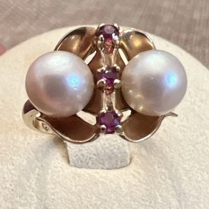 Antique Edwardian 14K Yellow Gold Ruby Pearl Ring Size 3 Signed - Picture 1 of 18