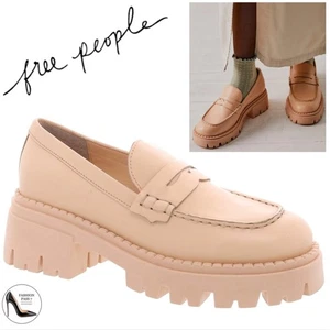 Free People Lyra Lug Sole Leather Loafers Beige Platform Shoes Chunky Block Heel - Picture 1 of 13