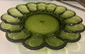 Vintage Indiana Glass Co Iridescent Green Carnival Hobnail 11" Deviled Egg Plate - Picture 1 of 5
