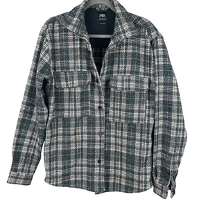 Zara Button Up Shacket Herren M blau kariert Struktur Tweed Hemdjacke Relaxed - Bild 1 von 11