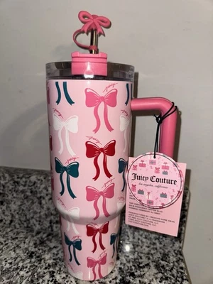 Vaso Pink Juicy Couture patrón de arco 40 oz con tapa de arco edición de Navidad Foto 1 de 4