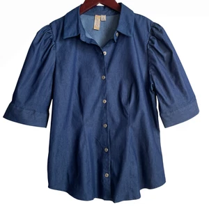 Misia Gathered Short Sleeve Denim Button-down Blouse Medium Brushed Cotton New - Picture 1 of 7