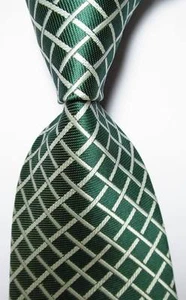New Classic Checks Dark Green White JACQUARD WOVEN 100% Silk Men's Tie Necktie - Picture 1 of 2