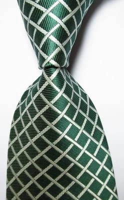 New Classic Checks Dark Green White JACQUARD WOVEN 100% Silk Men's Tie Necktie - Image 1 of 2