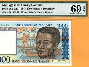MADAGASCAR-1000 FRS-1994-S/N A18831524-P.76a *PMG 69 EPQ SUPERB GEM UNC*TOP POP* - Picture 1 of 3