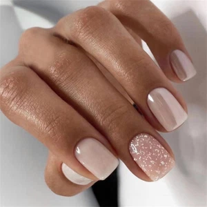 Square Short False Nail Pearl Glitter Pink Press on Nails for Nail Art - Picture 1 of 6