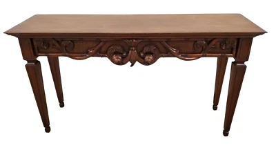 Mesa consola tallada Ethan Allen Townhouse caoba ratán #13-9221 #445 Foto 1 de 4