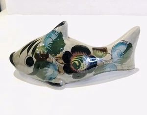 Große Tonala mexikanische Keramik Fisch Figur handbemalt Volkskunst signiert 8" Flora - Bild 1 von 11
