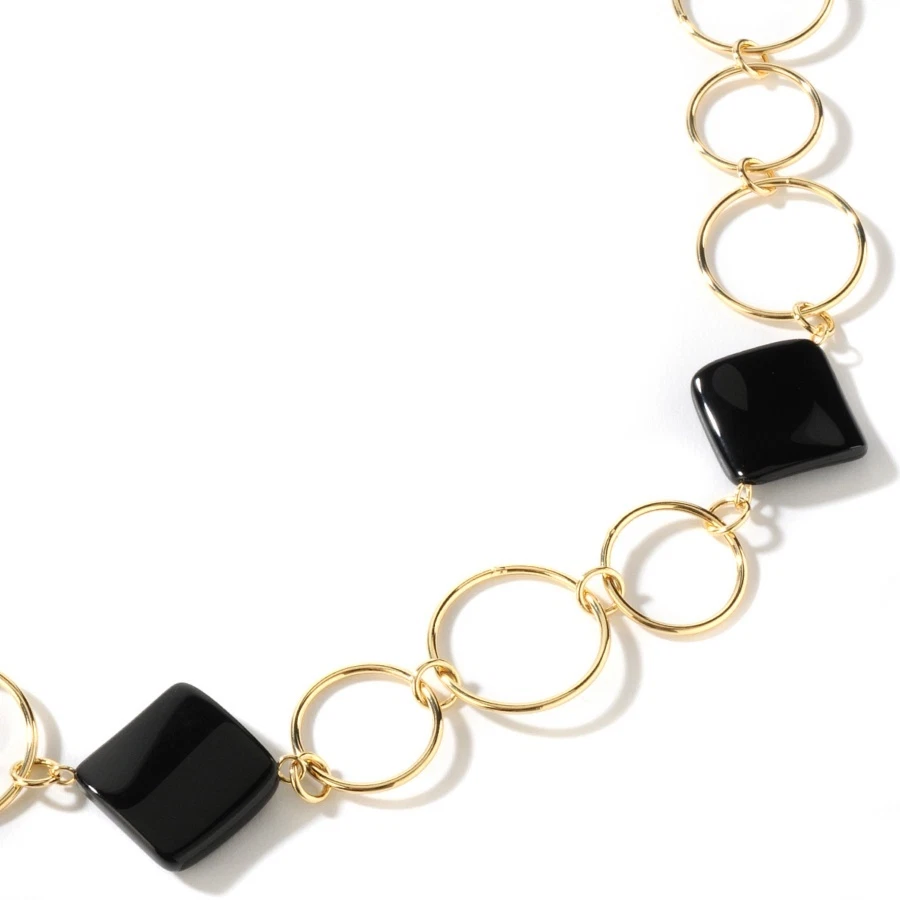 Collar de cadena circular de piedras preciosas de ónix negro Technibond revestido de oro amarillo de 14 quilates plateado Foto 1 de 1