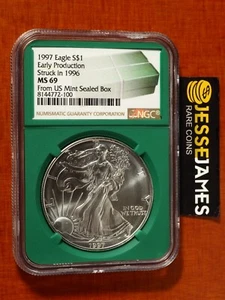 1997 (1996) SILVER EAGLE NGC MS69 EARLY PRODUCTION FROM US MINT SEALED BOX - Picture 1 of 3