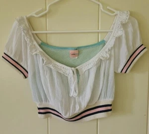 Miss Me Womens Jrs S Crop Top Banded Hem 70s Style Ruffle Tie Front 100% Cotton - Picture 1 of 8