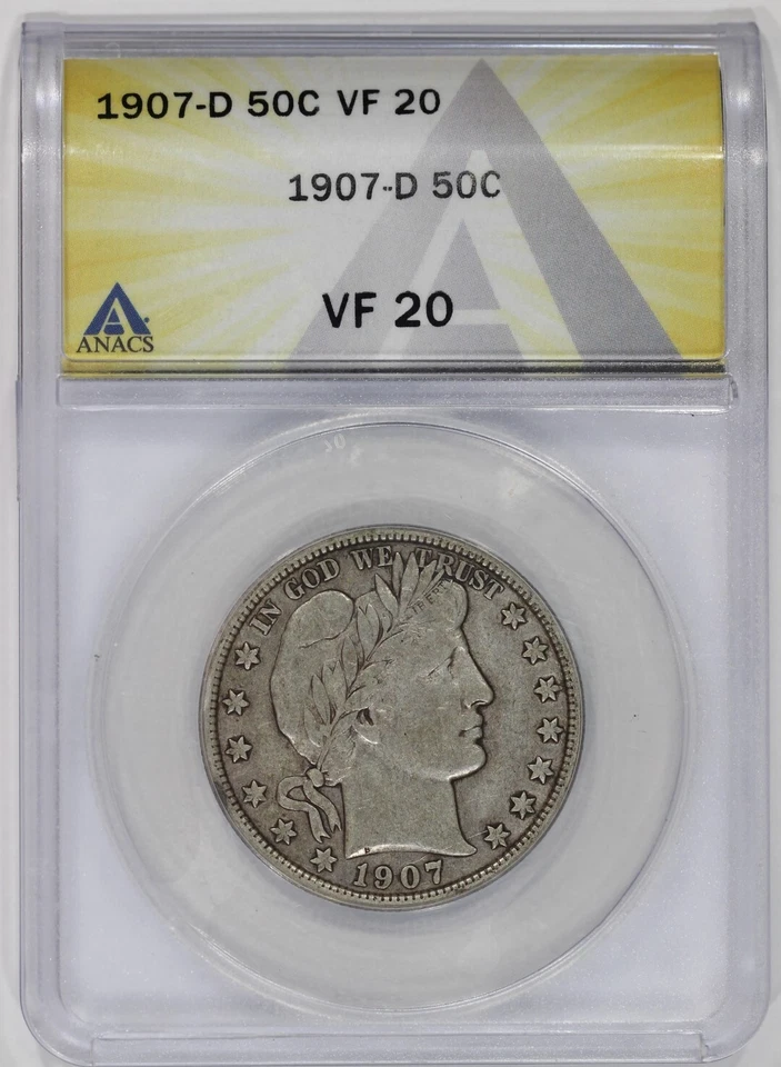 1907-D 50c Silver Barber Half Dollar ANACS VF20 - Image 1 of 4
