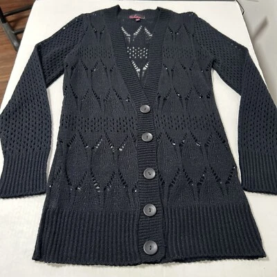 Cárdigan tejido abierto suéter mujer L negro botón delantero hecho en EE. UU. caprichoso playero Foto 1 de 4