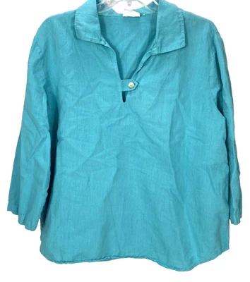Lo último Camisa Algodón Lino Para Mujer 2XL Azul Aqua Manga 3/4 Cuello en V Botón Único Foto 1 de 4