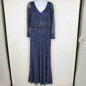 Vestido Adrianna Papell Platino Cuentas Azul Marino Formal Caprichoso Cóctel Fiesta - Imagen 1 de 11