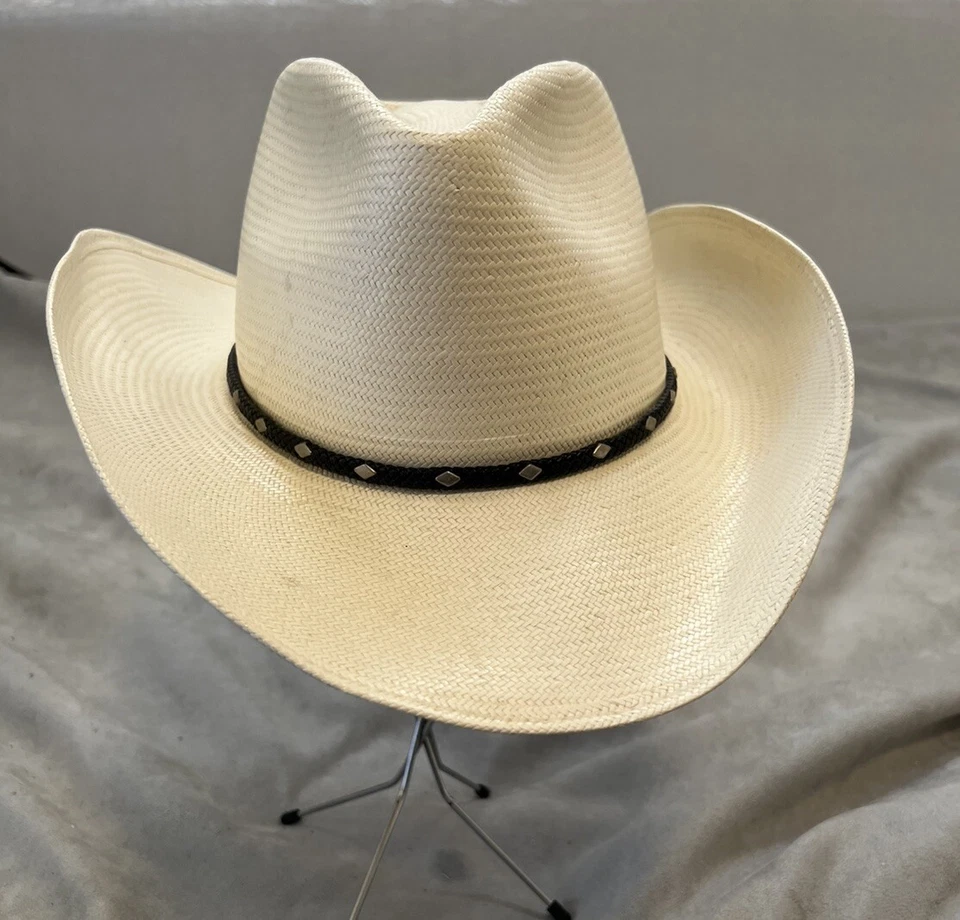 Stetson 5X XXXXX Sombrero de Vaquero de Paja Cuero/Banda Plateada talla 7 1/8 Usado en Excelente Condición Foto 1 de 4