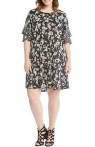 KAREN KANE Black Beige Floral Print Tiered Ruffle Sleeve Knit Dress 1X = 16W 🤍 - Picture 1 of 9