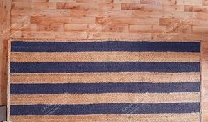 Beige Jute Rug With Navy Blue Stripes Line Rug Vintage Custom Size Dhurrie Rug - Picture 1 of 9