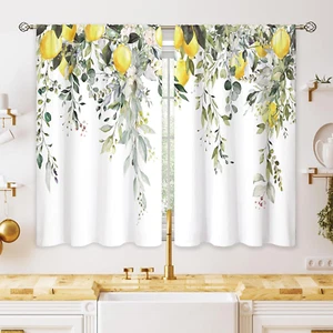 Eucalyptus Yellow Lemon Kitchen Curtains Sage Green Short Drapes 27.9x39 Inch - Picture 1 of 13