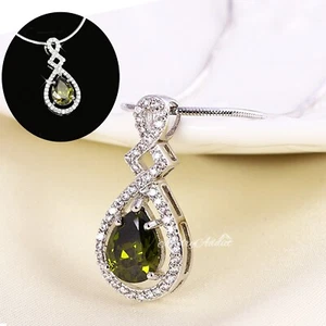 18K White Gold GF Peridot Simulated Diamond Teardrop PENDANT NECKLACE Her Gift - Picture 1 of 6