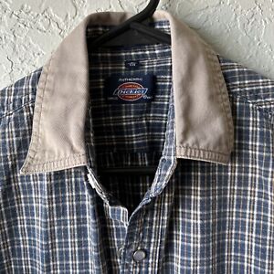 Dickies Shirt Boys Small Blue Plaid Button Up Workwear Short Sleeve Snap Casual