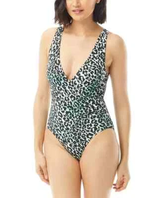 CARMEN MARC VALVO Printed Surplice One-Piece Swimsuit SZ 8 Black/Blue Leopard - Image 1 of 4