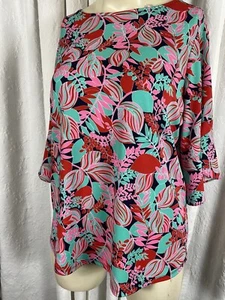 Maglia donna Talbots rosa fiori brillanti manica 3/4 svolazzante carriera taglia 1x - Foto 1 di 12