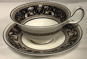 WEDGWOOD FLORENTINE PATTERN BONE CHINA SUPER DARK BLUE CUP AND SAUCER ENGLAND - Picture 1 of 7