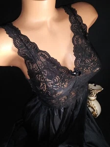 Vtg Shadow line Silky Black BUTTER SOFT Peignoir Nightgown Negligee Gown - Picture 1 of 13
