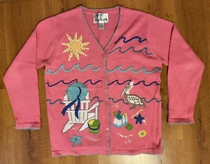 Suéter Vintage Quacker Factory Beach Vibes Ocean Sun Cárdigan Rosa Para Mujer’s L - Imagen 1 de 8